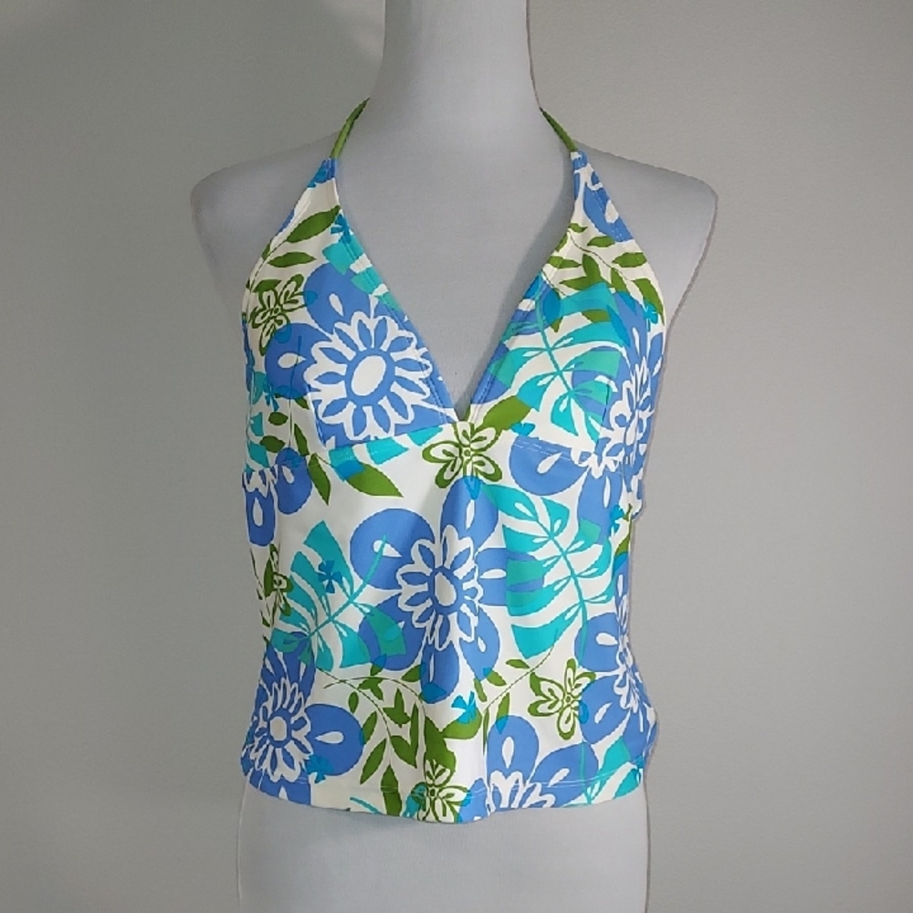 Vtg. Sand & Sun Blue Green White Floral 2-Piece Halter Style Bikini Swimsuit L